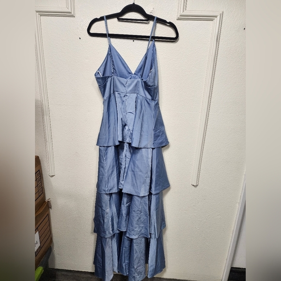 Lulus Going with Elegance Slate Blue Satin Tiered Gown Wedding Party Prom Formal - Picture 8 of 8